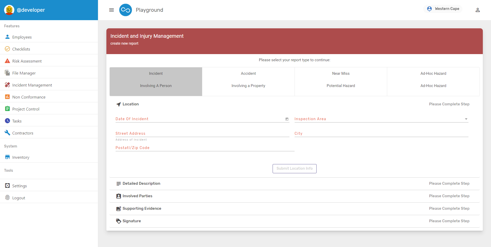 Incident and injury management screenshot